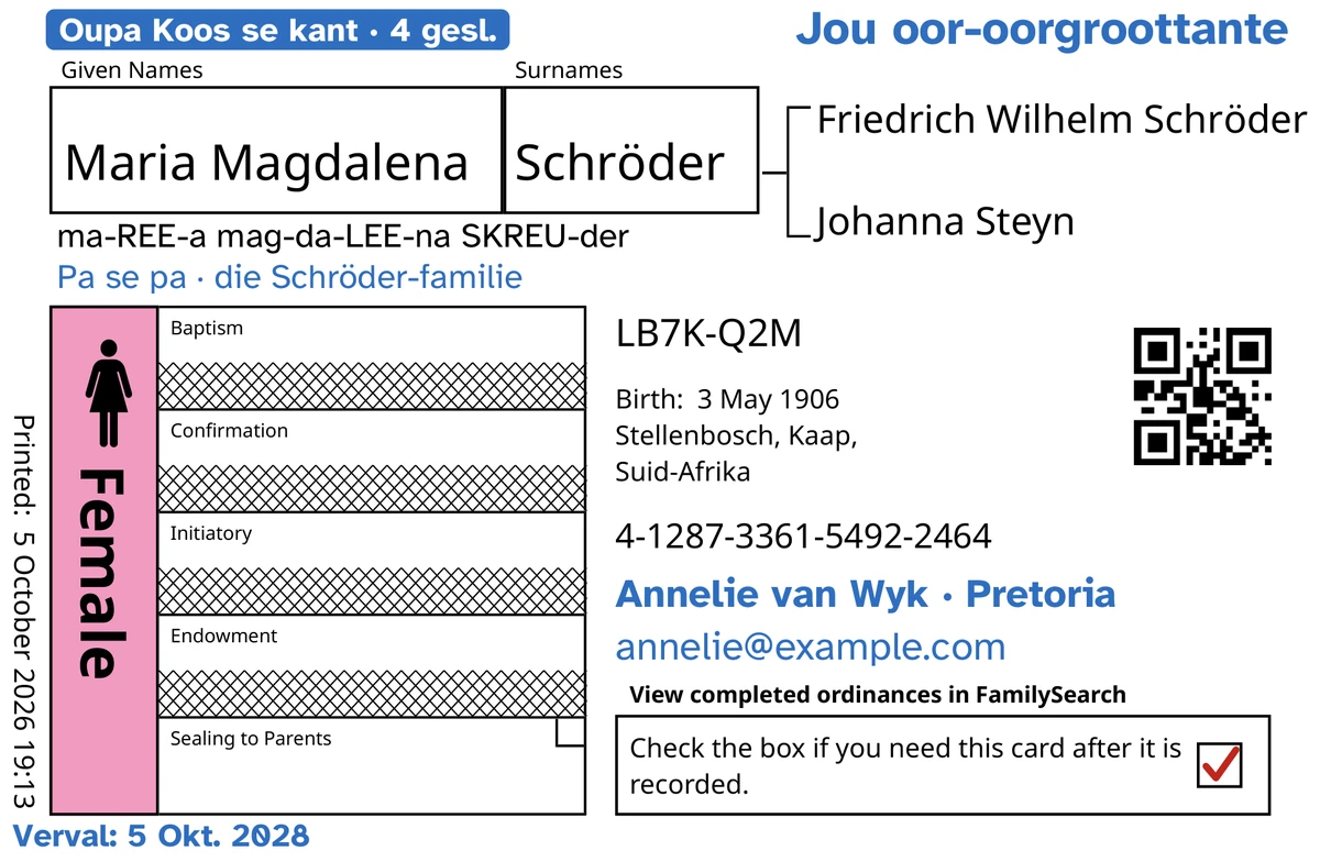 Voorbeeld van ’n kaart se voorkant, ná TempleKit, vir ’n versinde dogtertjie wat jonk oorlede is, Maria Magdalena Schröder: net Verseëling aan ouers is oop, en FamilySearch het die ander vier rye deurgehaal. In blou bygevoeg: die etiket “Oupa Koos se kant · 4 gesl.”, “Jou oor-oorgroottante” regs bo, “Pa se pa · die Schröder-familie” onder die naam, die kontakreël “Annelie van Wyk · Pretoria” en “Verval: 5 Okt. 2028”. In swart bygevoeg: hoe om die naam uit te spreek, “ma-REE-a mag-da-LEE-na SKREU-der”. Die blokkie Female is pienk ingekleur en die terugstuurblokkie het ’n rooi merkie. Alles anders is FamilySearch se eie drukwerk.