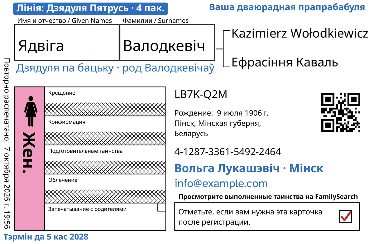 Прыклад ліцавога боку карткі пасля TempleKit для выдуманай дзяўчынкі, якая памерла ў дзяцінстве, Ядвіга Валодкевіч: адкрыта толькі запячатванне з бацькамі, а астатнія чатыры радкі FamilySearch закрэсліў. Сінім дададзены: пазнака «Лінія: Дзядуля Пятрусь · 4 пак.», уверсе справа «Ваша дваюрадная прапрабабуля», пад імем «Дзядуля па бацьку · род Валодкевічаў», радок з кантактамі «Вольга Лукашэвіч · Мінск» і «Тэрмін да 5 кас 2028». Квадрат «Жен.» зафарбаваны ружовым, а ў квадраце вяртання стаіць чырвоная адзнака. Усё астатняе надрукаваў сам FamilySearch.