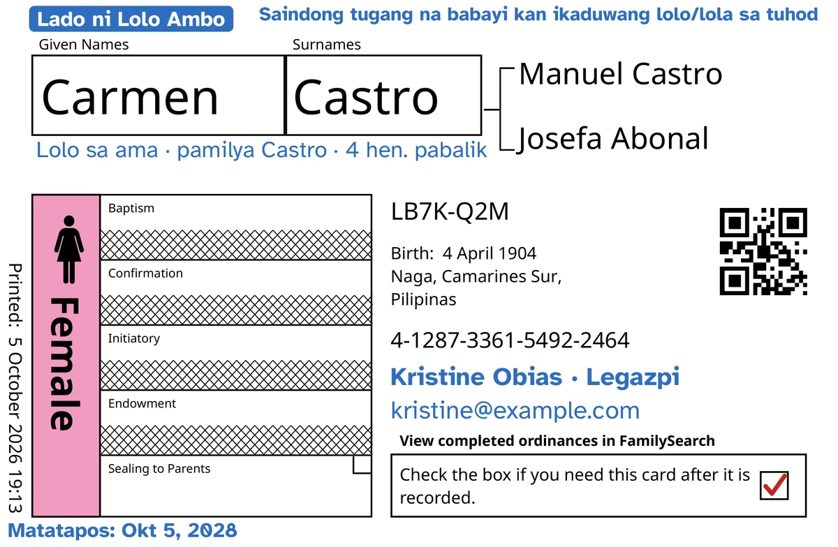 Halimbawang atubangan kan kard, pakatapos kan TempleKit, para sa sarong ginibo-gibong aking babayi na nagadan na hoben pa, si Carmen Castro: an Pagbugkos sa mga Magurang sana an bukas, asin ginuhitan na kan FamilySearch an apat na ibang linya. Idinugang sa asul: an tag na “Lado ni Lolo Ambo · 4 hen.”, “Saindong tugang na babayi kan ikaduwang lolo/lola sa tuhod” sa itaas na tuo, “Lolo sa ama · pamilya Castro” sa ibaba kan ngaran, an linya nin kontak na “Kristine Obias · Legazpi” asin “Matatapos: Okt 5, 2028”. An kahon na Female kolor rosas asin an return box may pulang tsek. An gabos na iba pa iyo an sadiring pag-print kan FamilySearch.