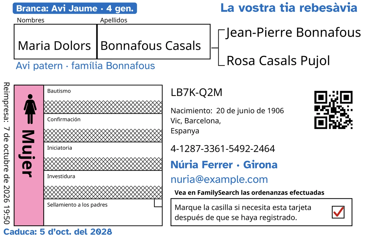 Anvers d’una targeta d’exemple, després de passar per TempleKit, d’una nena inventada que va morir jove, Maria Dolors Bonnafous Casals: només hi ha obert el segellament als pares, i FamilySearch ha ratllat les altres quatre files. Afegit en blau: l’etiqueta «Branca: Avi Jaume · 4 gen.», «La vostra tia rebesàvia» a dalt a la dreta, «Avi patern · família Bonnafous» sota el nom, la línia de contacte «Núria Ferrer · Girona» i «Caduca: 5 d’oct. del 2028». El requadre «Mujer» està pintat de rosa i la casella de devolució té una marca vermella. Tota la resta és la impressió pròpia de FamilySearch.