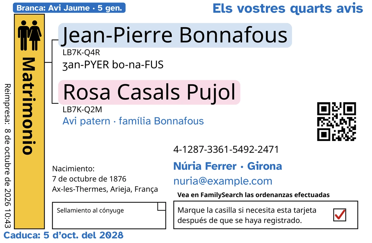 Anvers d’una targeta d’exemple d’una parella (segellament al cònjuge), després de passar per TempleKit, d’un marit i una esposa inventats, Jean-Pierre Bonnafous i Rosa Casals Pujol. Afegit en blau: l’etiqueta «Branca: Avi Jaume · 5 gen.», «Els vostres quarts avis» a dalt a la dreta, «Avi patern · família Bonnafous» sota els noms, la línia de contacte «Núria Ferrer · Girona» i «Caduca: 5 d’oct. del 2028». Afegit en negre: com es pronuncia cada nom, començant per «ʒan-PYER bo-na-FUS». El requadre «Matrimonio» està pintat de daurat, cada nom té un color suau al darrere i la casella de devolució té una marca vermella. Tota la resta és la impressió pròpia de FamilySearch.