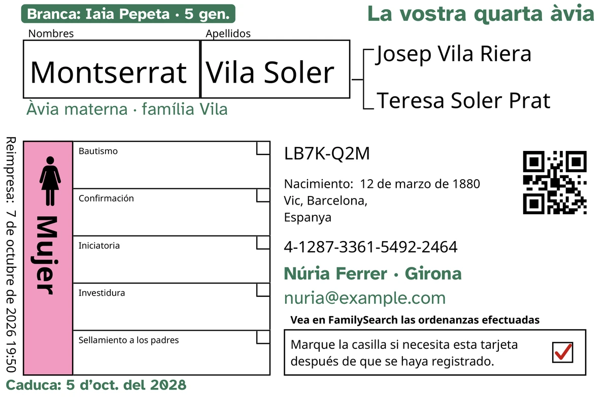 Anvers d’una targeta d’exemple, després de passar per TempleKit, d’una persona inventada, Montserrat Vila Soler. Afegit en verd: l’etiqueta «Branca: Iaia Pepeta · 5 gen.», «La vostra quarta àvia» a dalt a la dreta, «Àvia materna · família Vila» sota el nom, la línia de contacte «Núria Ferrer · Girona» i «Caduca: 5 d’oct. del 2028». El requadre «Mujer» està pintat de rosa i la casella de devolució té una marca vermella. Tota la resta és la impressió pròpia de FamilySearch.