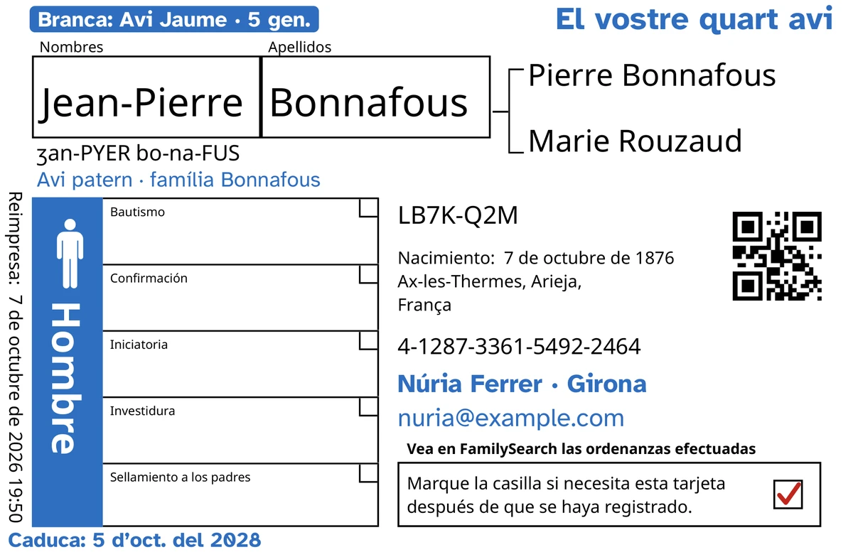 Anvers d’una targeta d’exemple, després de passar per TempleKit, d’un home inventat, Jean-Pierre Bonnafous. Afegit en blau: l’etiqueta «Branca: Avi Jaume · 5 gen.», «El vostre quart avi» a dalt a la dreta, «Avi patern · família Bonnafous» sota el nom, la línia de contacte «Núria Ferrer · Girona» i «Caduca: 5 d’oct. del 2028». Afegit en negre: com es pronuncia el nom, «ʒan-PYER bo-na-FUS». El requadre «Hombre» està pintat de blau i la casella de devolució té una marca vermella. Tota la resta és la impressió pròpia de FamilySearch.
