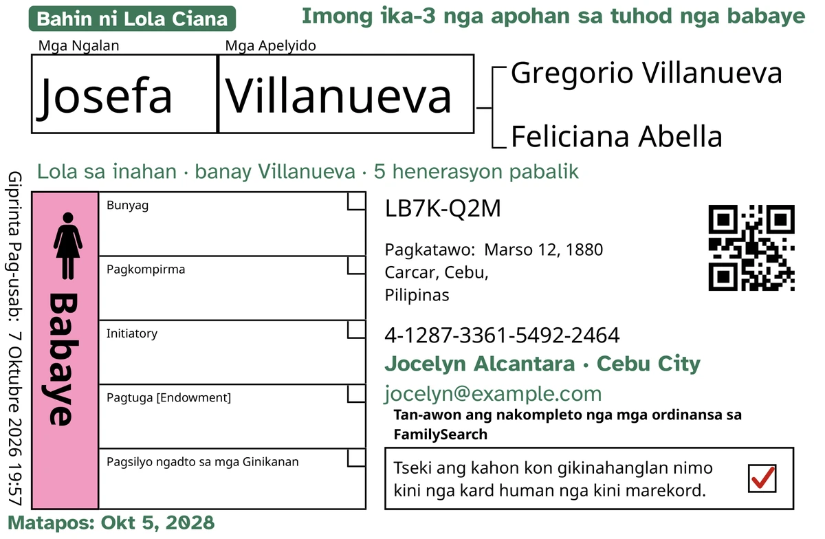 Pananglitan sa atubangan sa kard, human sa TempleKit, alang sa usa ka hinimo-himo nga tawo, si Josefa Villanueva. Gidugang nga berde: ang tag nga “Bahin ni Lola Ciana · 5 henerasyon”, “Imong ika-3 nga apohan sa tuhod nga babaye” sa ibabaw nga tuo, “Lola sa inahan · banay Villanueva” ubos sa ngalan, ang linya sa kontak nga “Jocelyn Alcantara · Cebu City” ug “Matapos: Okt 5, 2028”. Ang kahon nga Babaye napuno og rosas ug ang kahon sa pagbalik adunay pula nga tsek. Ang tanan nga uban kaugalingong pag-imprinta sa FamilySearch.