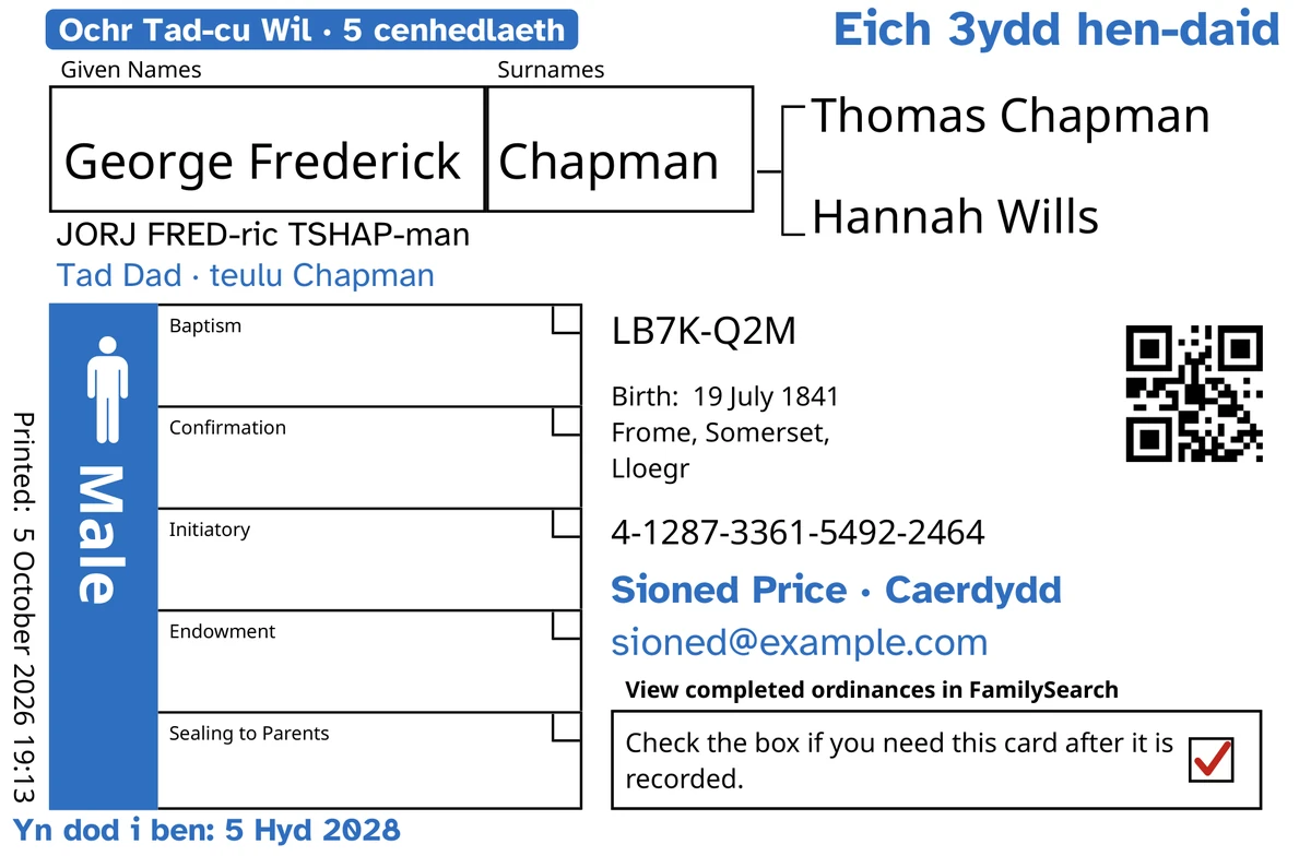 Blaen cerdyn enghreifftiol, ar ôl TempleKit, ar gyfer dyn dychmygol, George Frederick Chapman. Wedi’u hychwanegu mewn glas: y tag “Ochr Tad-cu Wil · 5 cenhedlaeth”, “Eich 3ydd hen-daid” ar y dde uchaf, “Tad Dad · teulu Chapman” o dan yr enw, y llinell gyswllt “Sioned Price · Caerdydd” a “Yn dod i ben: 5 Hyd 2028”. Wedi’i ychwanegu mewn du: sut i ddweud yr enw, “JORJ FRED-ric TSHAP-man”. Mae’r blwch Male wedi’i lenwi’n las ac mae tic coch yn y blwch dychwelyd. Argraffu FamilySearch ei hun yw popeth arall.