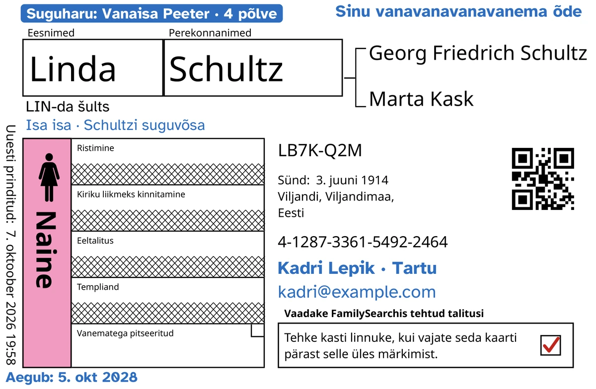 Näidiskaardi esikülg pärast TempleKiti, väljamõeldud tüdruk Linda Schultz, kes suri lapsena: avatud on ainult vanematega pitseerimine, ülejäänud neli rida on FamilySearch läbi kriipsutanud. Sinisega lisatud: silt „Suguharu: Vanaisa Peeter · 4 põlve”, „Sinu vanavanavanavanema õde” üleval paremal, „Isa isa · Schultzi suguvõsa” nime all, kontaktrida „Kadri Lepik · Tartu” ja „Aegub: 5. okt 2028”. Mustaga lisatud: kuidas nime hääldada, „LIN-da šults”. Soo kast „Naine” on täidetud roosaga ja tagastuskastis on punane linnuke. Kõik muu on FamilySearchi enda trükk.