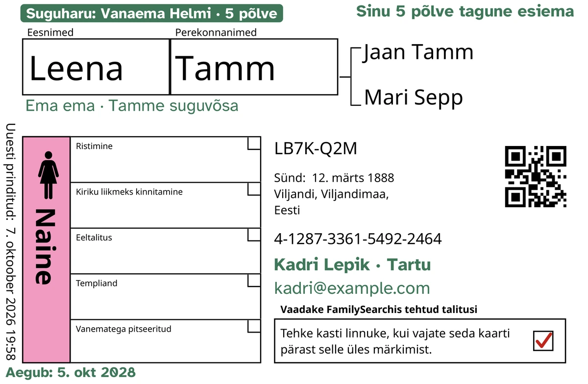 Näidiskaardi esikülg pärast TempleKiti, väljamõeldud inimene Leena Tamm. Rohelisega lisatud: silt „Suguharu: Vanaema Helmi · 5 põlve”, „Sinu 5 põlve tagune esiema” üleval paremal, „Ema ema · Tamme suguvõsa” nime all, kontaktrida „Kadri Lepik · Tartu” ja „Aegub: 5. okt 2028”. Soo kast „Naine” on täidetud roosaga ja tagastuskastis on punane linnuke. Kõik muu on FamilySearchi enda trükk.