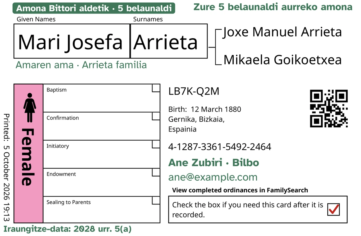 Txartel baten aurrealdea, adibide gisa, TempleKit-etik pasa ondoren, asmatutako pertsona batentzat: Mari Josefa Arrieta. Berdez gehituta: «Amona Bittori aldetik · 5 belaunaldi» etiketa, «Zure 5 belaunaldi aurreko amona» goiko eskuinaldean, «Amaren ama · Arrieta familia» izenaren azpian, «Ane Zubiri · Bilbo» harremanetarako lerroa eta «Iraungitze-data: 2028 urr. 5(a)». Female laukia arrosaz beteta dago, eta itzultzeko laukiak marka gorri bat du. Gainerako guztia FamilySearch-en beraren inprimaketa da.
