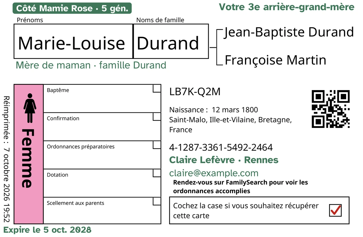 Exemple de recto de carte, après TempleKit, pour une personne inventée, Marie-Louise Durand. Ajouté en vert : l’étiquette « Côté Mamie Rose · 5 gén. », « Votre 3e arrière-grand-mère » en haut à droite, « Mère de maman · famille Durand » sous le nom, la ligne de contact « Claire Lefèvre · Rennes » et « Expire le 5 oct. 2028 ». La case Femme est remplie en rose et la case de retour porte une coche rouge. Tout le reste est l’impression d’origine de FamilySearch.