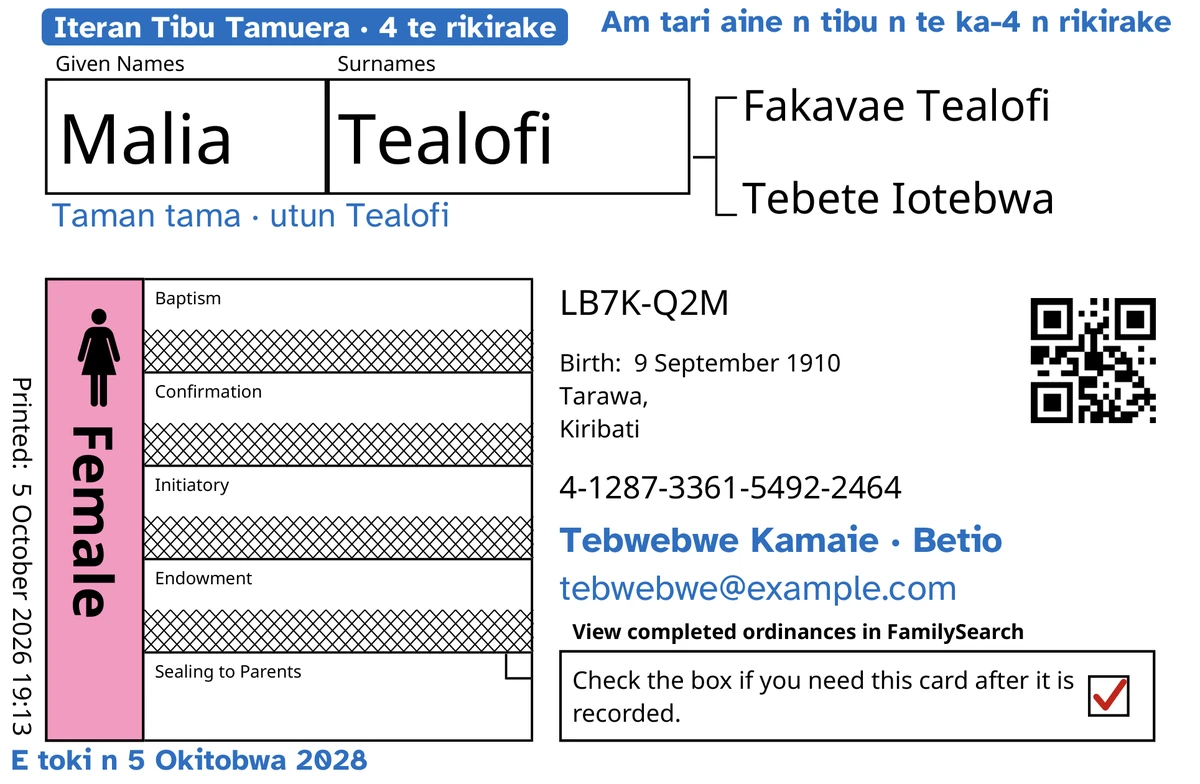 Matan te kaati n te katoto, i mwin TempleKit, ibukin te ataei te aine ae karikirikiaki ae mate n te tai are e uarereke iai, Malia Tealofi: tii Sealing to Parents (Kabaebae nakoia Karo) ae kaukaki, ao FamilySearch e a tia ni kamaunai rain riki aika aua. Bwaai ake a karinaki n te buruu: te kanikina “Iteran Tibu Tamuera · 4 te rikirake”, “Am tari aine n tibu n te ka-4 n rikirake” i eta i atai, “Taman tama · utun Tealofi” i aan te ara, te rain n reitaki “Tebwebwe Kamaie · Betio” ao “E toki n 5 Okitobwa 2028”. Te bwaoki Female e kanoaki n te bingki ao te bwaoki ni kaoki iai te kanikina ae uraura. Bwaai ni kabane riki bon oin ana boreti FamilySearch.