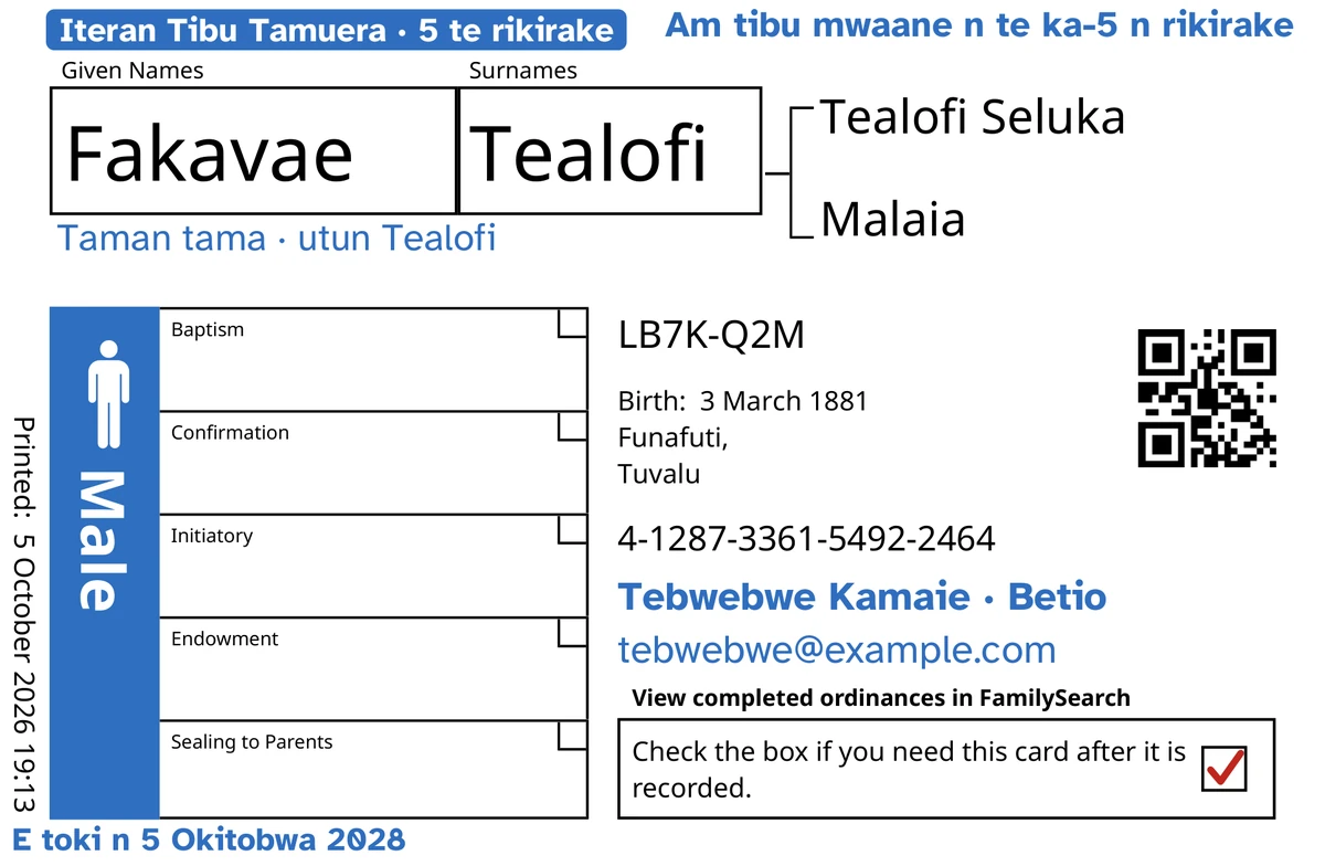 Matan te kaati n te katoto, i mwin TempleKit, ibukin te mwaane ae karikirikiaki, Fakavae Tealofi. Bwaai ake a karinaki n te buruu: te kanikina “Iteran Tibu Tamuera · 5 te rikirake”, “Am tibu mwaane n te ka-5 n rikirake” i eta i atai, “Taman tama · utun Tealofi” i aan te ara, te rain n reitaki “Tebwebwe Kamaie · Betio” ao “E toki n 5 Okitobwa 2028”. Te bwaoki Male e kanoaki n te buruu ao te bwaoki ni kaoki iai te kanikina ae uraura. Bwaai ni kabane riki bon oin ana boreti FamilySearch.