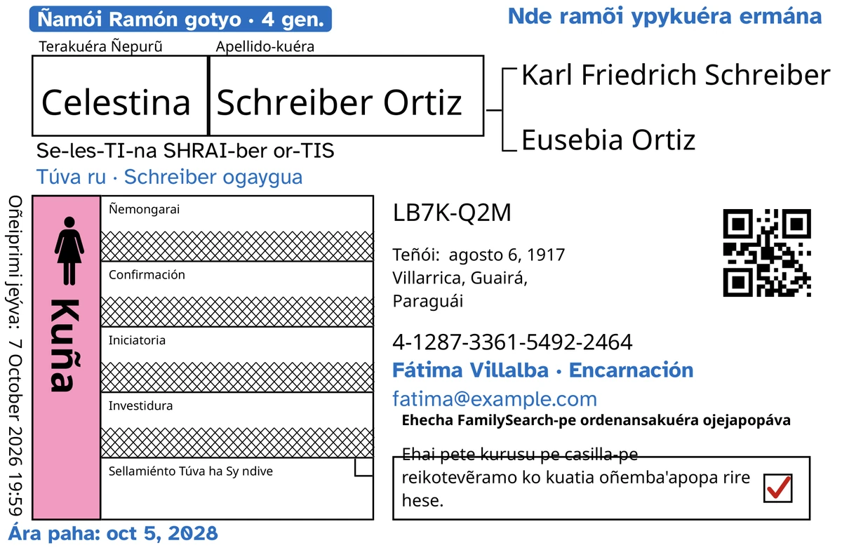 Tarjéta tenonde techapyrã, TempleKit rire, peteĩ mitãkuña ojeimo’ãva omanóva imitãme rehegua, Celestina Schreiber Ortiz: ñesella tuvakuérare añoite ojepe’a, ha FamilySearch otacha ambue irundy rysýi. Ojembojoapy hovýpe: techaukaha “Ñamói Ramón gotyo · 4 gen.”, “Nde ramõi ypykuéra ermána” yvate akatúa gotyo, “Túva ru · Schreiber ogaygua” téra guýpe, ñemongeta rysýi “Fátima Villalba · Encarnación” ha “Ára paha: oct 5, 2028”. Ojembojoapy hũme: mba’éichapa oje’e téra, “Se-les-TI-na SHRAI-ber or-TIS”. Kora Kuña oñemyenyhẽ pytãngýpe ha jevyha kora oguereko peteĩ techaukaha pytã. Opa ambue mba’e ha’e FamilySearch ñembokuatia tee.