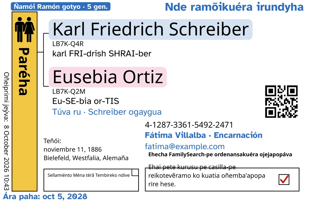 Ména ha tembireko tarjéta tenonde techapyrã (ñesella ména térã tembirekóre), TempleKit rire, peteĩ ména ha tembireko ojeimo’ãva rehegua, Karl Friedrich Schreiber ha Eusebia Ortiz. Ojembojoapy hovýpe: techaukaha “Ñamói Ramón gotyo · 5 gen.”, “Nde ramõikuéra irundyha” yvate akatúa gotyo, “Túva ru · Schreiber ogaygua” térakuéra guýpe, ñemongeta rysýi “Fátima Villalba · Encarnación” ha “Ára paha: oct 5, 2028”. Ojembojoapy hũme: mba’éichapa oje’e peteĩteĩ téra, oñepyrũvo “karl FRI-drish SHRAI-ber” rehe. Kora Paréha oñemyenyhẽ júpe, peteĩteĩ téra oguereko hapykuépe peteĩ sa’y hesakã, ha jevyha kora oguereko peteĩ techaukaha pytã. Opa ambue mba’e ha’e FamilySearch ñembokuatia tee.