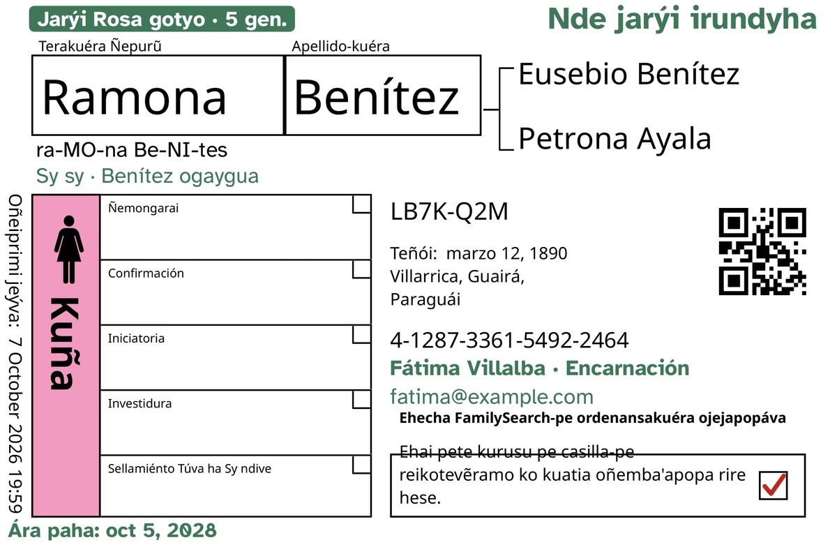 Tarjéta tenonde techapyrã, TempleKit rire, peteĩ tapicha ojeimo’ãva rehegua, Ramona Benítez. Ojembojoapy hovyũme: techaukaha “Jarýi Rosa gotyo · 5 gen.”, “Nde jarýi irundyha” yvate akatúa gotyo, “Sy sy · Benítez ogaygua” téra guýpe, ñemongeta rysýi “Fátima Villalba · Encarnación” ha “Ára paha: oct 5, 2028”. Ojembojoapy hũme: mba’éichapa oje’e téra, “ra-MO-na Be-NI-tes”. Kora Kuña oñemyenyhẽ pytãngýpe ha jevyha kora oguereko peteĩ techaukaha pytã. Opa ambue mba’e ha’e FamilySearch ñembokuatia tee.