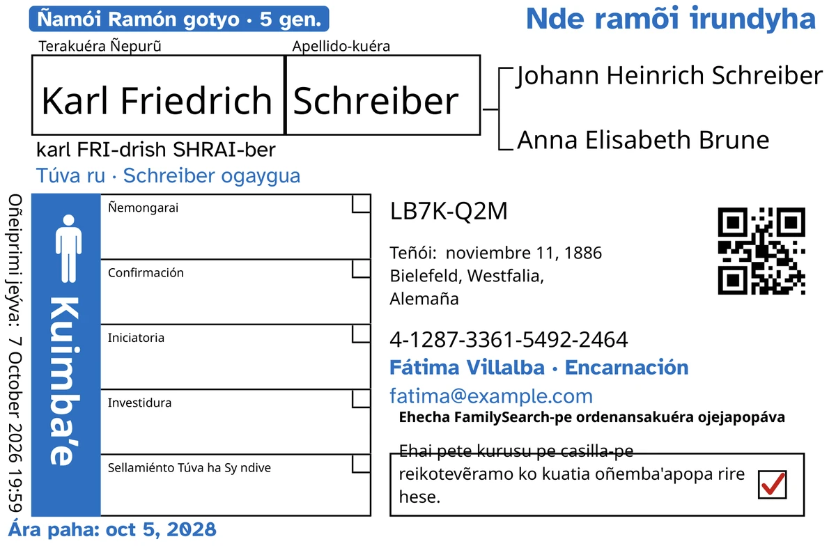 Tarjéta tenonde techapyrã, TempleKit rire, peteĩ kuimba’e ojeimo’ãva rehegua, Karl Friedrich Schreiber. Ojembojoapy hovýpe: techaukaha “Ñamói Ramón gotyo · 5 gen.”, “Nde ramõi irundyha” yvate akatúa gotyo, “Túva ru · Schreiber ogaygua” téra guýpe, ñemongeta rysýi “Fátima Villalba · Encarnación” ha “Ára paha: oct 5, 2028”. Ojembojoapy hũme: mba’éichapa oje’e téra, “karl FRI-drish SHRAI-ber”. Kora Kuimba’e oñemyenyhẽ hovýpe ha jevyha kora oguereko peteĩ techaukaha pytã. Opa ambue mba’e ha’e FamilySearch ñembokuatia tee.