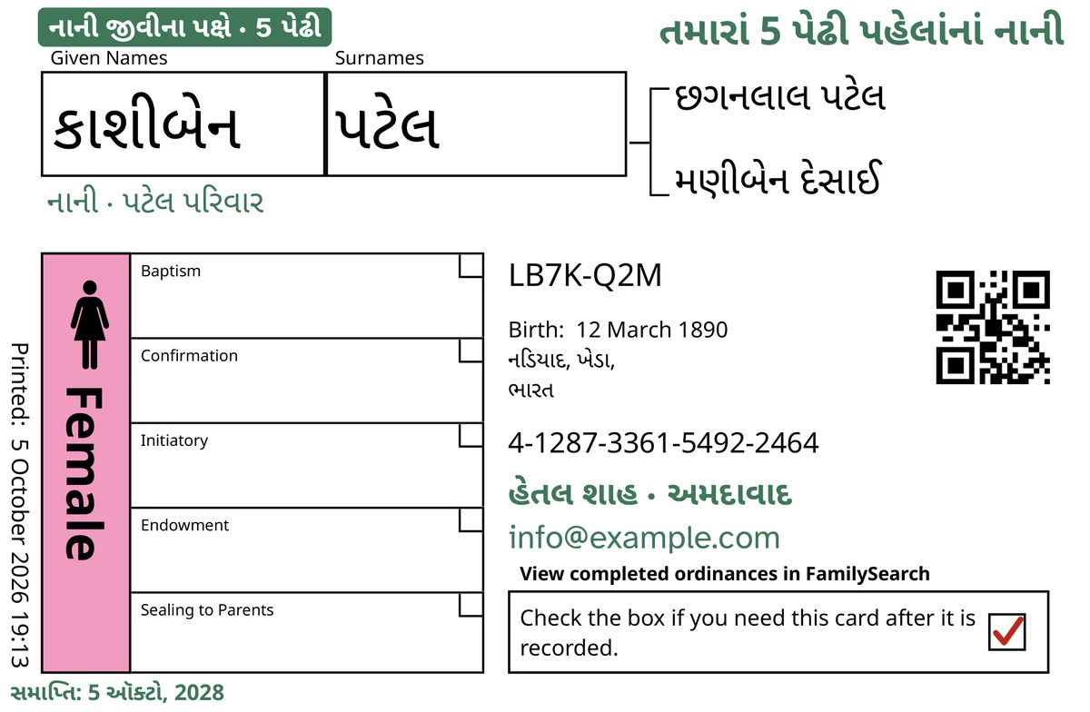 કાલ્પનિક વ્યક્તિ કાશીબેન પટેલ માટે, TempleKit પછીની નમૂનારૂપ કાર્ડની આગળની બાજુ. લીલા રંગમાં ઉમેરેલું: ટૅગ “નાની જીવીના પક્ષે · 5 પેઢી”, ઉપર જમણે “તમારાં 5 પેઢી પહેલાંનાં નાની”, નામ નીચે “નાની · પટેલ પરિવાર”, સંપર્કની લીટી “હેતલ શાહ · અમદાવાદ” અને “સમાપ્તિ: 5 ઑક્ટો, 2028”. Female ખાનું ગુલાબી રંગે ભરેલું છે અને પરત-ખાનામાં લાલ નિશાની છે. બાકીનું બધું FamilySearchનું પોતાનું છાપકામ છે.