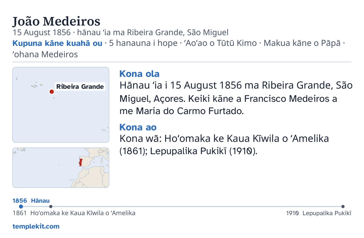 Ke kua o kekahi kāleka laʻana no ia kāne i haku ʻia: kona inoa, ka lā a me kahi hānau, “Kupuna kāne kuahā ou · 5 hanauna i hope · ʻAoʻao o Tūtū Kimo · Makua kāne o Pāpā · ʻohana Medeiros”, kekahi palapala ʻāina e kaha ana iā Ribeira Grande a me kekahi palapala ʻāina liʻiliʻi o ka ʻāpana ākea aʻe, nā nota pōkole ma lalo o “Kona ola” a me “Kona ao”, kekahi laina manawa mai 1856 a i 1910, a me templekit.com.
