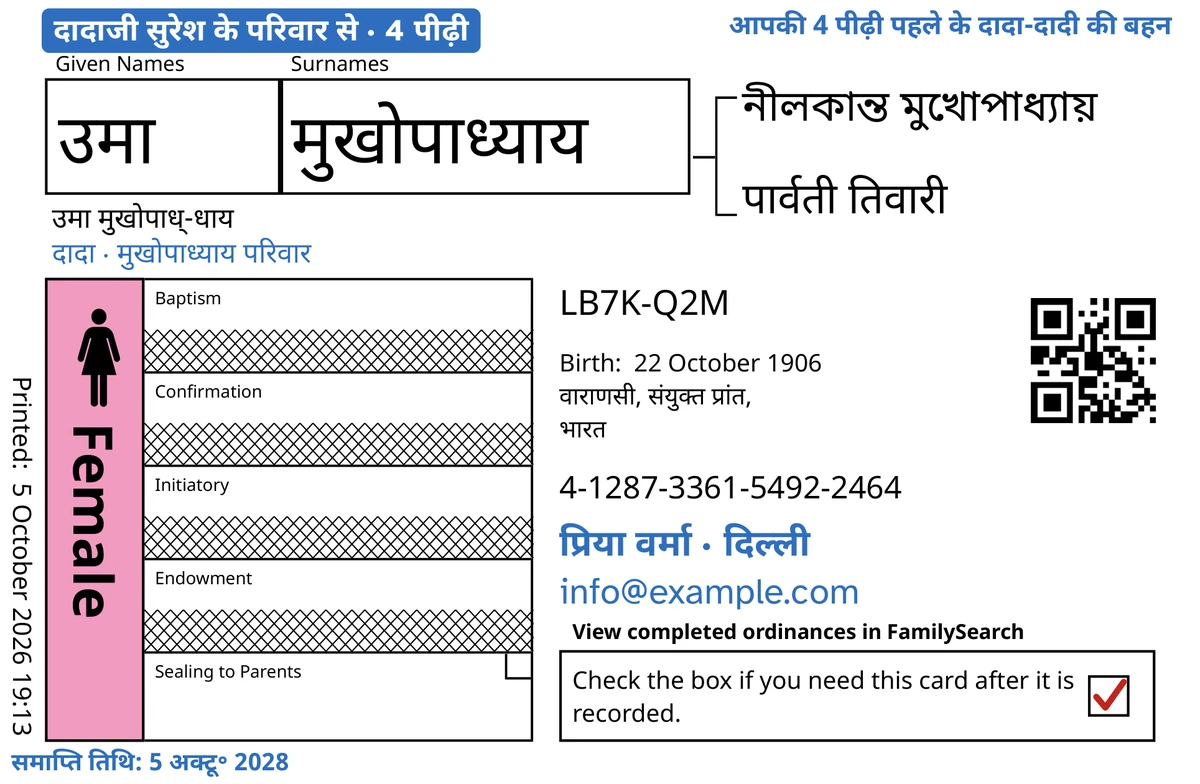 TempleKit के बाद एक काल्पनिक बालिका, उमा मुखोपाध्याय, जिसकी मृत्यु कम आयु में हो गई, के उदाहरण कार्ड का आगे का भाग: केवल माता-पिता से मुहरबंदी खुली है, और FamilySearch ने बाकी चार पंक्तियां काट दी हैं। नीले रंग में जोड़ा गया: टैग “दादाजी सुरेश के परिवार से · 4 पीढ़ी”, ऊपर दाईं ओर “आपकी 4 पीढ़ी पहले के दादा-दादी की बहन”, नाम के नीचे “दादा · मुखोपाध्याय परिवार”, संपर्क की पंक्ति “प्रिया वर्मा · दिल्ली” और “समाप्ति तिथि: 5 अक्टू॰ 2028”। काले रंग में जोड़ा गया: नाम का उच्चारण, “उमा मुखोपाध्-धाय”। Female वाला बॉक्स गुलाबी रंग से भरा है और वापसी बॉक्स पर लाल निशान है। बाकी सब FamilySearch की अपनी छपाई है।