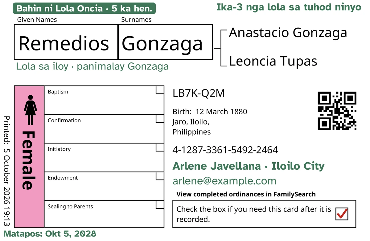 Pananglitan nga atubang sang kard, pagkatapos sang TempleKit, para sa isa ka ginhimo-himo nga tawo, si Remedios Gonzaga. Gindugang sa berde: ang tag nga “Bahin ni Lola Oncia · 5 ka hen.”, ang “Ika-3 nga lola sa tuhod ninyo” sa ibabaw sa tuo, ang “Lola sa iloy · panimalay Gonzaga” sa idalom sang ngalan, ang linya sang kontak nga “Arlene Javellana · Iloilo City” kag ang “Matapos: Okt 5, 2028”. Ang kahon nga Female ginpuno sang pink kag ang kahon para ibalik may pula nga tsek. Ang tanan nga iban kaugalingon nga pag-print sang FamilySearch.