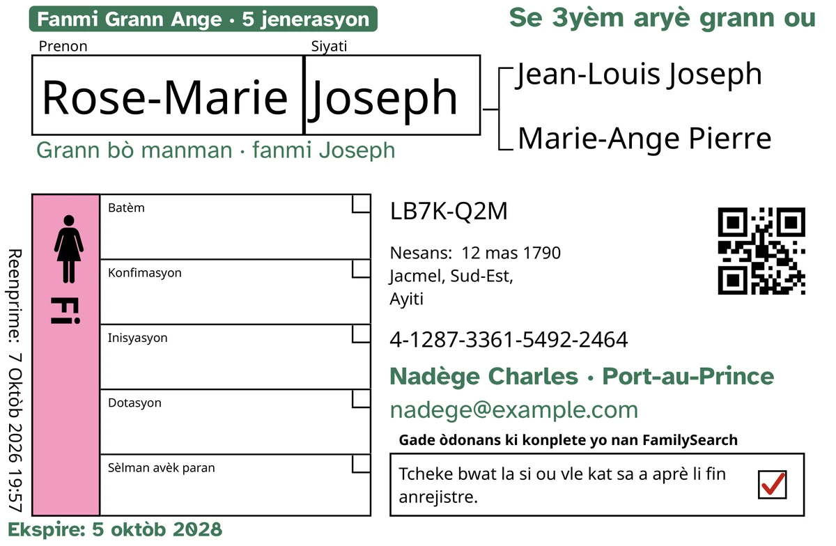 Egzanp devan yon kat, apre TempleKit, pou yon moun envante, Rose-Marie Joseph. Sa ki ajoute an vèt: etikèt “Fanmi Grann Ange · 5 jenerasyon”, “Se 3yèm aryè grann ou” anlè adwat, “Grann bò manman · fanmi Joseph” anba non an, liy kontak “Nadège Charles · Port-au-Prince”, ak “Ekspire: 5 oktòb 2028”. Bwat sèks la, ki ekri Fi, ranpli an woz e bwat retou a gen yon tcheke wouj. Tout lòt bagay se pwòp enpresyon FamilySearch.