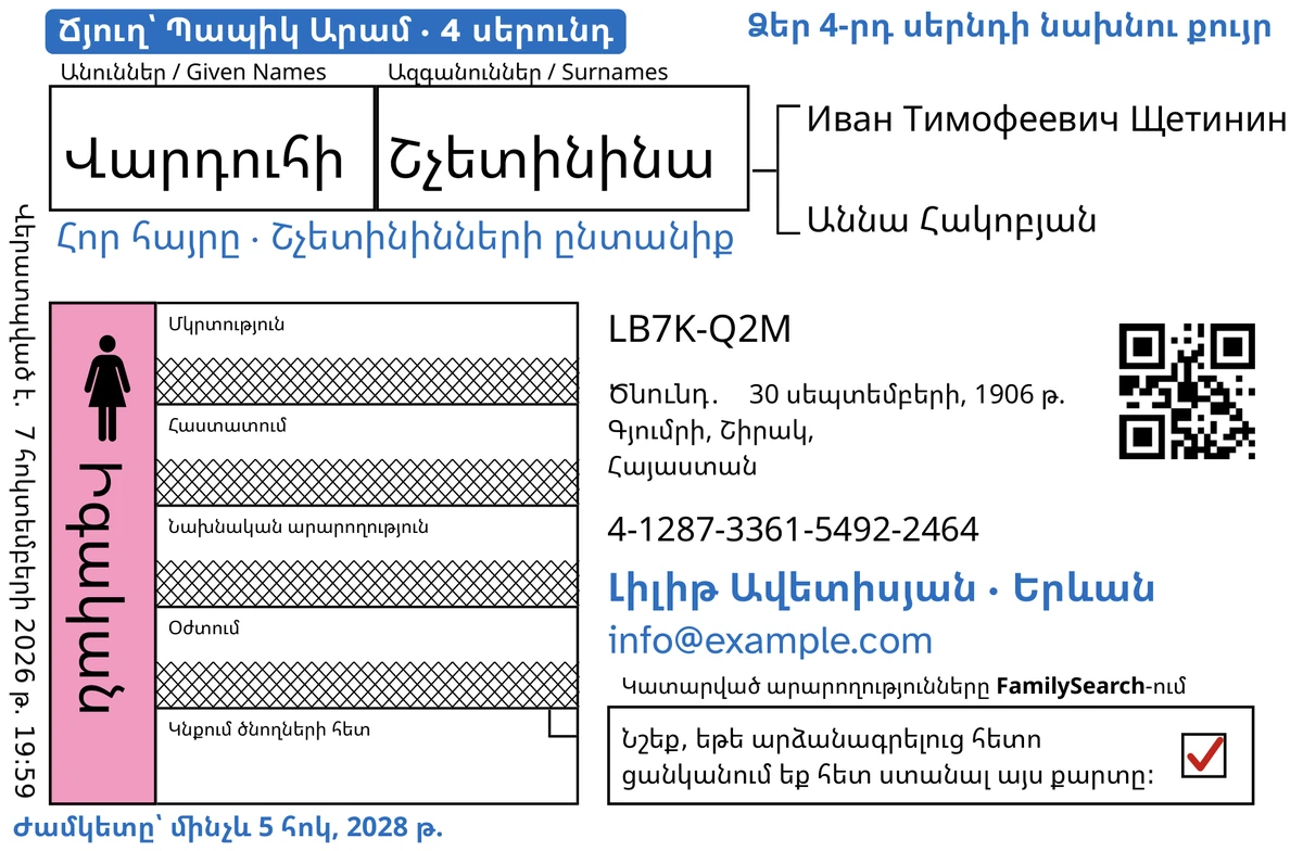 Քարտի առջևի կողմի օրինակ TempleKit-ով մշակելուց հետո, մանուկ հասակում մահացած հորինված աղջկա համար՝ Վարդուհի Շչետինինա։ Բաց է միայն կնքումը ծնողներին, իսկ մյուս չորս տողերը FamilySearch-ը գծով ջնջել է։ Կապույտով ավելացված են՝ «Ճյուղ՝ Պապիկ Արամ · 4 սերունդ» պիտակը, վերևում աջ՝ «Ձեր 4-րդ սերնդի նախնու քույր», անվան տակ՝ «Հոր հայրը · Շչետինինների ընտանիք», կոնտակտային տողը՝ «Լիլիթ Ավետիսյան · Երևան», և «Ժամկետը՝ մինչև 5 հոկ, 2028 թ.»։ «Իգական» վանդակը ներկված է վարդագույն, իսկ վերադարձի վանդակում կարմիր նշիչ կա։ Մնացած ամեն ինչ FamilySearch-ի սեփական տպագրությունն է։