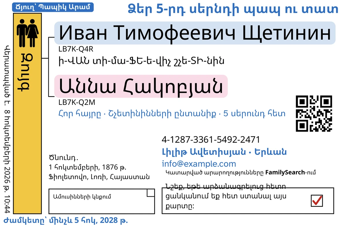 Զույգի քարտի առջևի կողմի օրինակ (կնքում ամուսնուն) TempleKit-ով մշակելուց հետո, հորինված ամուսնու և կնոջ համար՝ Иван Тимофеевич Щетинин և Աննա Հակոբյան։ Կապույտով ավելացված են՝ «Ճյուղ՝ Պապիկ Արամ · 5 սերունդ» պիտակը, վերևում աջ՝ «Ձեր 5-րդ սերնդի պապ ու տատ», անունների տակ՝ «Հոր հայրը · Շչետինինների ընտանիք», կոնտակտային տողը՝ «Լիլիթ Ավետիսյան · Երևան», և «Ժամկետը՝ մինչև 5 հոկ, 2028 թ.»։ Սևով ավելացված է, թե ինչպես արտասանել յուրաքանչյուր անունը, առաջինը՝ «ի-ՎԱՆ տի-մա-ՖԵ-ե-վիչ շչե-ՏԻ-նին»։ «Զույգ» վանդակը ներկված է ոսկեգույն, յուրաքանչյուր անուն ունի մեղմ գունավոր ֆոն, իսկ վերադարձի վանդակում կարմիր նշիչ կա։ Մնացած ամեն ինչ FamilySearch-ի սեփական տպագրությունն է։