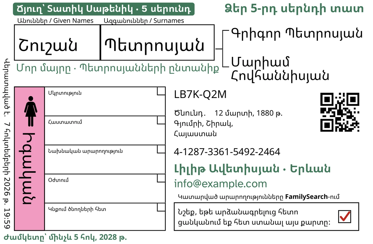 Քարտի առջևի կողմի օրինակ TempleKit-ով մշակելուց հետո, հորինված անձի համար՝ Շուշան Պետրոսյան։ Կանաչով ավելացված են՝ «Ճյուղ՝ Տատիկ Սաթենիկ · 5 սերունդ» պիտակը, վերևում աջ՝ «Ձեր 5-րդ սերնդի տատ», անվան տակ՝ «Մոր մայրը · Պետրոսյանների ընտանիք», կոնտակտային տողը՝ «Լիլիթ Ավետիսյան · Երևան», և «Ժամկետը՝ մինչև 5 հոկ, 2028 թ.»։ «Իգական» վանդակը ներկված է վարդագույն, իսկ վերադարձի վանդակում կարմիր նշիչ կա։ Մնացած ամեն ինչ FamilySearch-ի սեփական տպագրությունն է։