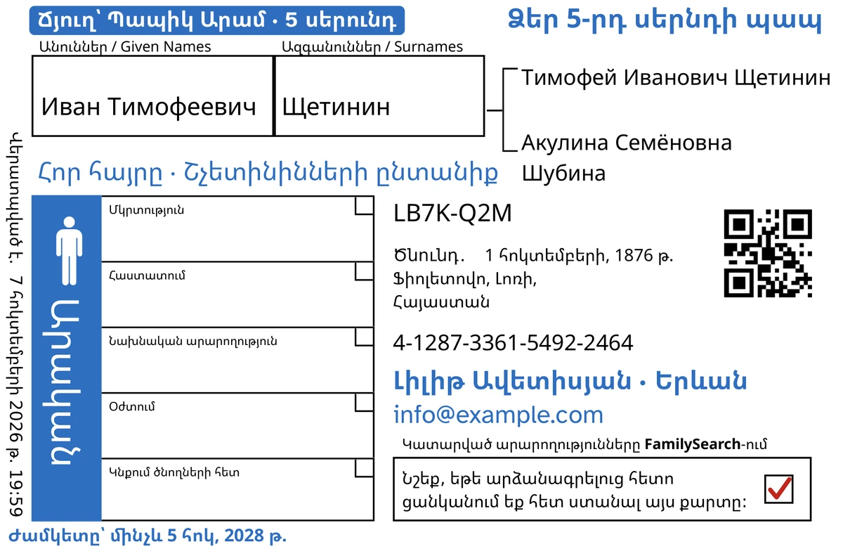 Քարտի առջևի կողմի օրինակ TempleKit-ով մշակելուց հետո, հորինված տղամարդու համար՝ ։ Կապույտով ավելացված են՝ «Ճյուղ՝ Պապիկ Արամ · 5 սերունդ» պիտակը, վերևում աջ՝ «Ձեր 5-րդ սերնդի պապ», անվան տակ՝ «Հոր հայրը · Շչետինինների ընտանիք», կոնտակտային տողը՝ «Լիլիթ Ավետիսյան · Երևան», և «Ժամկետը՝ մինչև 5 հոկ, 2028 թ.»։ «Արական» վանդակը ներկված է կապույտ, իսկ վերադարձի վանդակում կարմիր նշիչ կա։ Մնացած ամեն ինչ FamilySearch-ի սեփական տպագրությունն է։