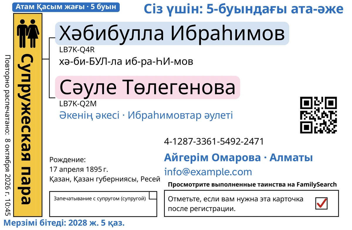 TempleKit өңдегеннен кейінгі ерлі-зайыптылар карточкасының (жұбайына бекіту) алдыңғы бетінің үлгісі, ойдан шығарылған күйеуі мен әйелі: Хәбибулла Ибраһимов және Сәуле Төлегенова. Көк түспен қосылғандар: «Атам Қасым жағы · 5 буын» белгісі, жоғарғы оң жақтағы «Сіз үшін: 5-буындағы ата-әже», есімдердің астындағы «Әкенің әкесі · Ибраһимовтар әулеті», «Айгерім Омарова · Алматы» байланыс жолы және «Мерзімі бітеді: 2028 ж. 5 қаз.». Қара түспен қосылғаны: әр есімнің айтылуы, біріншісі — «хә-би-БУЛ-ла иб-ра-ҺИ-мов». «Супружеская пара» шаршысы алтын түске боялған, әр есімнің астында жұмсақ түсті бөлектеу бар, ал қайтару шаршысында қызыл белгі бар. Қалғанының бәрі — FamilySearch-тің өз басылымы.