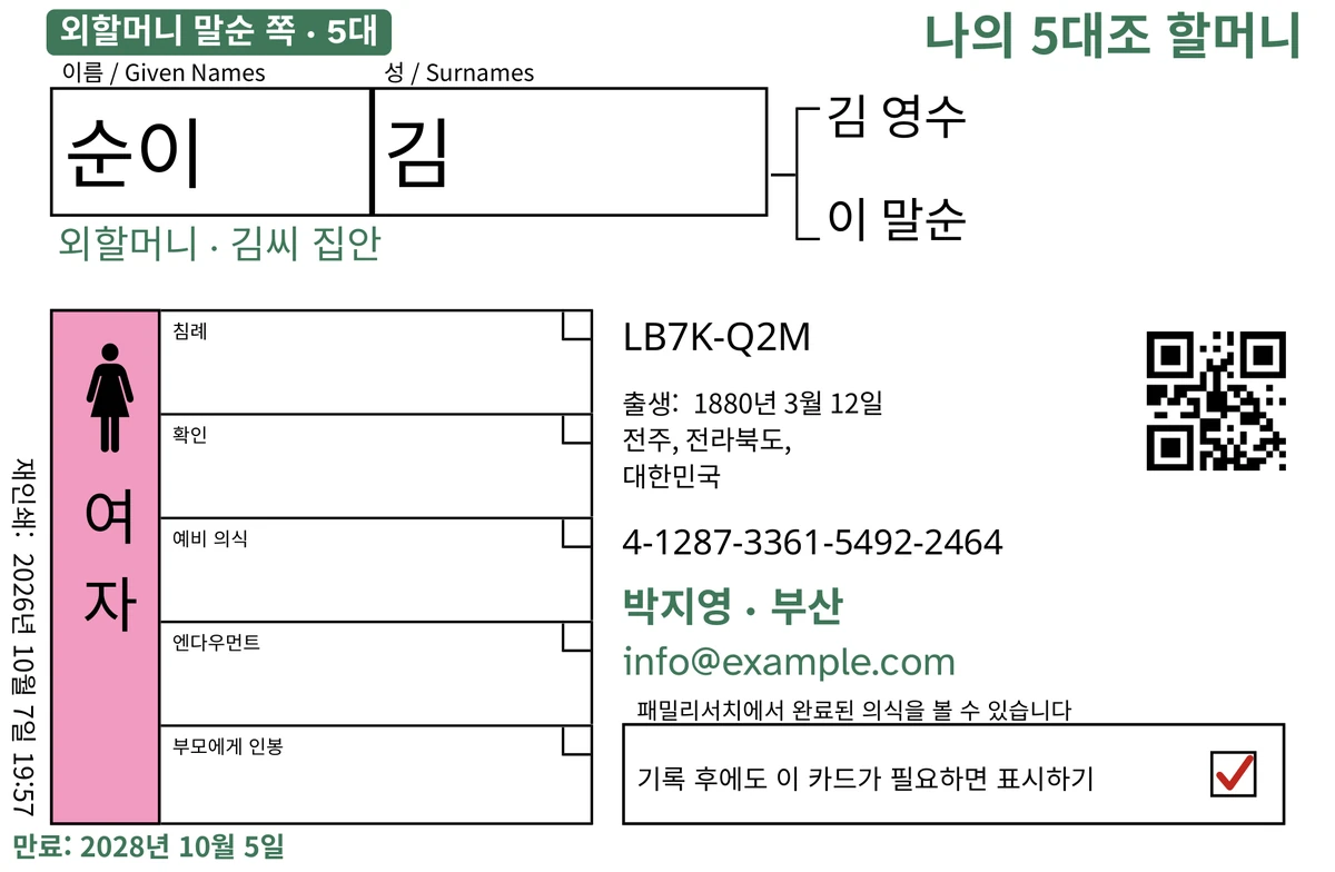 TempleKit으로 만든 가상의 인물 순이 김의 카드 앞면 예시. 초록색으로 추가된 것: 태그 “외할머니 말순 쪽 · 5대”, 오른쪽 위의 “나의 5대조 할머니”, 이름 아래의 “외할머니 · 김씨 집안”, 연락처 줄 “박지영 · 부산”, 그리고 “만료: 2028년 10월 5일”. 여자 칸은 분홍색으로 채워져 있고, 반환 상자에는 빨간 체크 표시가 있습니다. 나머지는 모두 FamilySearch가 인쇄한 그대로입니다.