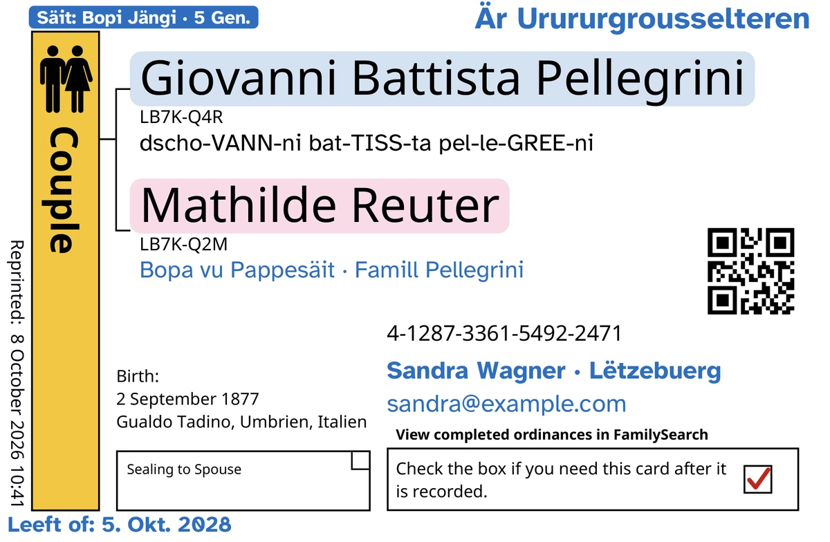 Virsäit vun enger Beispillkaart fir en Ehepuer (Sigelung un den Ehepartner), no TempleKit, fir en erfonnte Mann (Giovanni Battista Pellegrini) an eng erfonnt Fra (Mathilde Reuter). A blo derbäigesat: d'Schëld „Säit: Bopi Jängi · 5 Gen.“, „Är Urururgrousselteren“ uewe riets, „Bopa vu Pappesäit · Famill Pellegrini“ ënnert den Nimm, d'Kontaktzeil „Sandra Wagner · Lëtzebuerg“ an „Leeft of: 5. Okt. 2028“. A schwaarz derbäigesat: wéi een all Numm ausschwätzt, ugefaange mat „dscho-VANN-ni bat-TISS-ta pel-le-GREE-ni“. D'Feld „Couple“ ass gëlle ausgefëllt, all Numm huet eng mëll Faarf hannendrun, an d'Feld fir d'Zréckginn huet e rout Kräiz. Alles anescht ass vu FamilySearch selwer gedréckt.