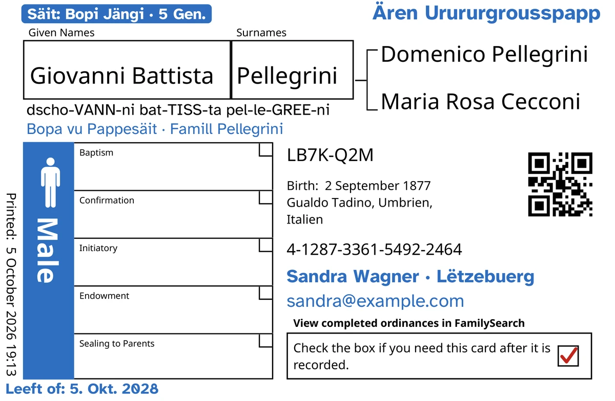 Virsäit vun enger Beispillkaart, no TempleKit, fir en erfonnte Mann, Giovanni Battista Pellegrini. A blo derbäigesat: d'Schëld „Säit: Bopi Jängi · 5 Gen.“, „Ären Urururgrousspapp“ uewe riets, „Bopa vu Pappesäit · Famill Pellegrini“ ënnert dem Numm, d'Kontaktzeil „Sandra Wagner · Lëtzebuerg“ an „Leeft of: 5. Okt. 2028“. A schwaarz derbäigesat: wéi een den Numm ausschwätzt, „dscho-VANN-ni bat-TISS-ta pel-le-GREE-ni“. D'Feld „Male“ ass blo ausgefëllt, an d'Feld fir d'Zréckginn huet e rout Kräiz. Alles anescht ass vu FamilySearch selwer gedréckt.