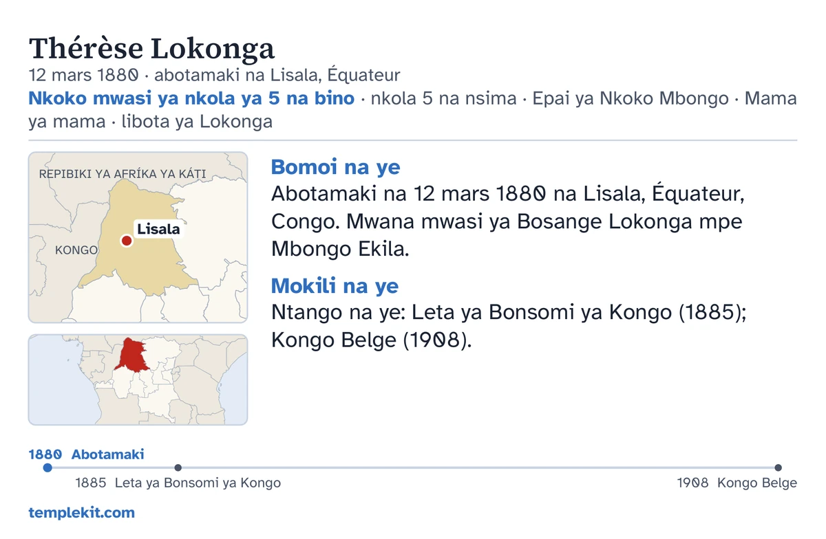 Ndakisa ya nsima ya kalati mpo na moto yango moko oyo azali ya solo te: nkombo na ye, dati mpe esika ya mbotama, “Nkoko mwasi ya nkola ya 5 na bino · nkola 5 na nsima · Epai ya Nkoko Mbongo · Mama ya mama · libota ya Lokonga”, karte oyo elakisi Lisala mpe karte moke ya etuka ya zingazinga, makomi mokuse na nse ya “Bomoi na ye” mpe “Mokili na ye”, molongo ya ntango kobanda 1880 kino 1908, mpe templekit.com.