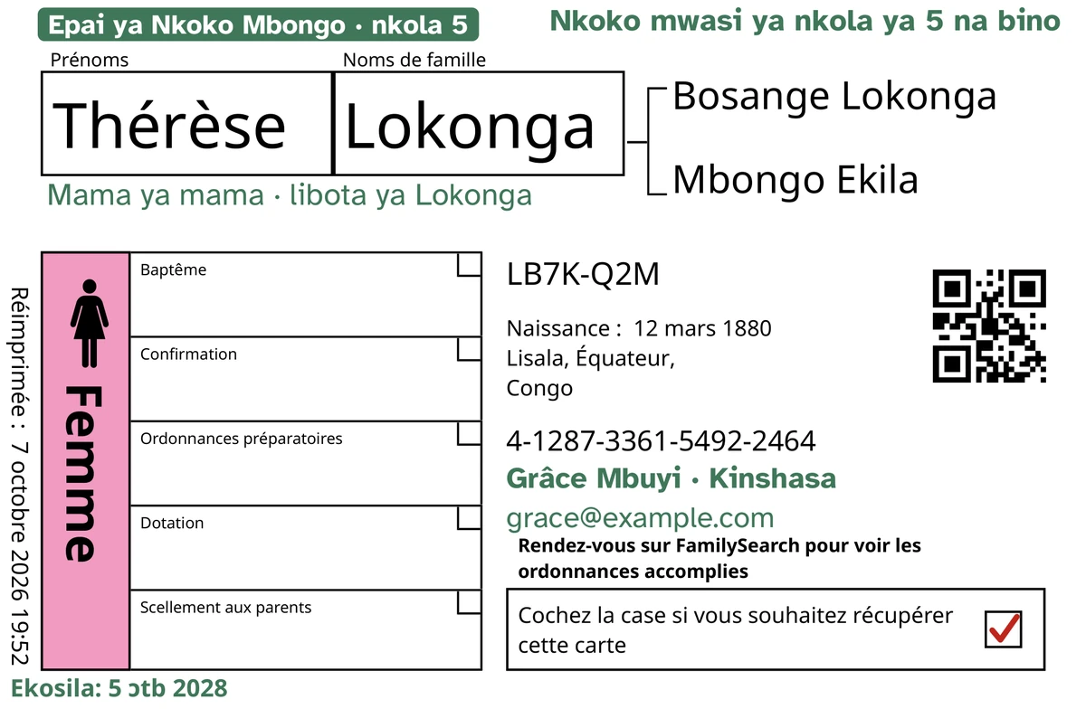 Ndakisa ya liboso ya kalati nsima ya TempleKit, mpo na moto oyo azali ya solo te, Thérèse Lokonga. Ebakisami na langi ya matiti: elembo “Epai ya Nkoko Mbongo · nkola 5”, “Nkoko mwasi ya nkola ya 5 na bino” na likolo na loboko ya mobali, “Mama ya mama · libota ya Lokonga” na nse ya nkombo, molongo ya kokutana “Grâce Mbuyi · Kinshasa” mpe “Ekosila: 5 ɔtb 2028”. Kare Femme etondi na rose mpe kare ya kozongisa ezali na elembo motane. Nyonso mosusu ezali makomi ya FamilySearch yango moko.