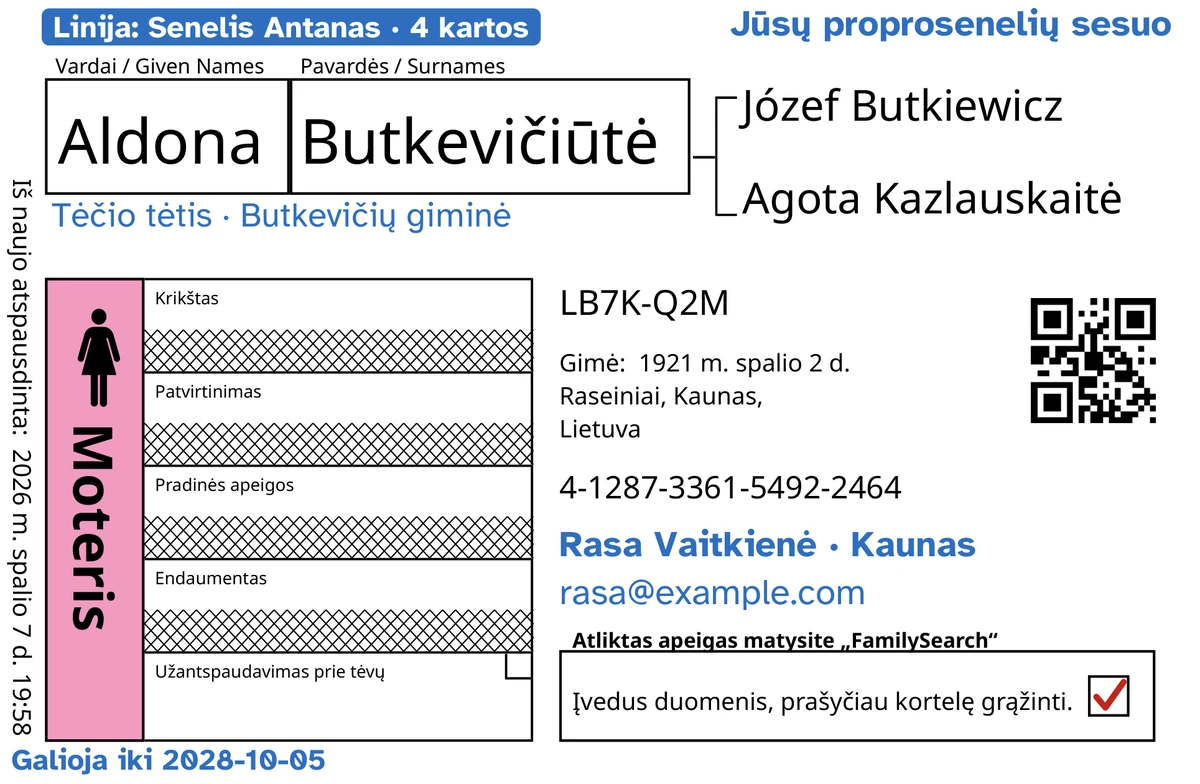 Pavyzdinės kortelės priekinė pusė po TempleKit apdorojimo, išgalvota vaikystėje mirusi mergaitė: Aldona Butkevičiūtė. Atvira tik užantspaudavimo prie tėvų eilutė, o kitas keturias eilutes FamilySearch išbraukė. Mėlynai pridėta: žymė „Linija: Senelis Antanas · 4 kartos“, „Jūsų proprosenelių sesuo“ viršuje dešinėje, „Tėčio tėtis · Butkevičių giminė“ po vardu, kontaktų eilutė „Rasa Vaitkienė · Kaunas“ ir „Galioja iki 2028-10-05“. Langelis „Moteris“ nuspalvintas rožine spalva, o grąžinimo langelyje – raudona varnelė. Visa kita – paties FamilySearch spaudinys.