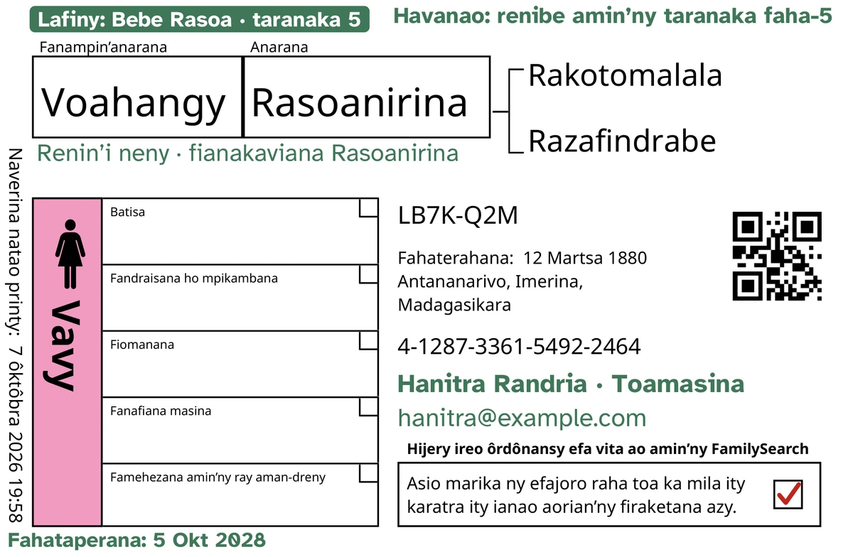 Ohatra tarehy aloha amin’ny karatra taorian’ny TempleKit, ho an’olona noforonina, Voahangy Rasoanirina. Nampiana amin’ny loko maitso: ny marika “Lafiny: Bebe Rasoa · taranaka 5”, “Havanao: renibe amin’ny taranaka faha-5” eo an-tampony ankavanana, “Renin’i neny · fianakaviana Rasoanirina” eo ambanin’ny anarana, ny andalana fifandraisana “Hanitra Randria · Toamasina”, ary “Fahataperana: 5 Okt 2028”. Voaloko mavokely ny efajoro Vavy ary misy marika mena ny efajoro famerenana. Ny sisa rehetra dia fanontana nataon’ny FamilySearch mihitsy.