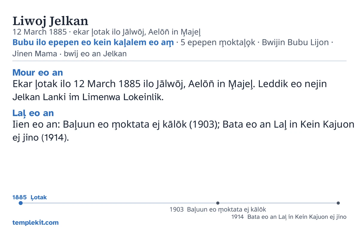 Likin kaat waanjon̄ak n̄an ejja armej eo kar kōm̧m̧ane wōt: etan, raan im jikin eo ekar ļotak ie, “Bubu ilo epepen eo kein kaļalem eo am̧ · 5 epepen m̧oktaļo̧k · Bwijin Bubu Lijon · Jinen Mama · bwij eo an Jelkan”, juon map ej kwaļo̧k Jālwōj im juon map eddik in jikin eo eļapļo̧k, naan ko rekadu ium̧win “Mour eo an” im “Laļ eo an”, juon laajrak in iien jān 1885 n̄an 1914, im templekit.com.