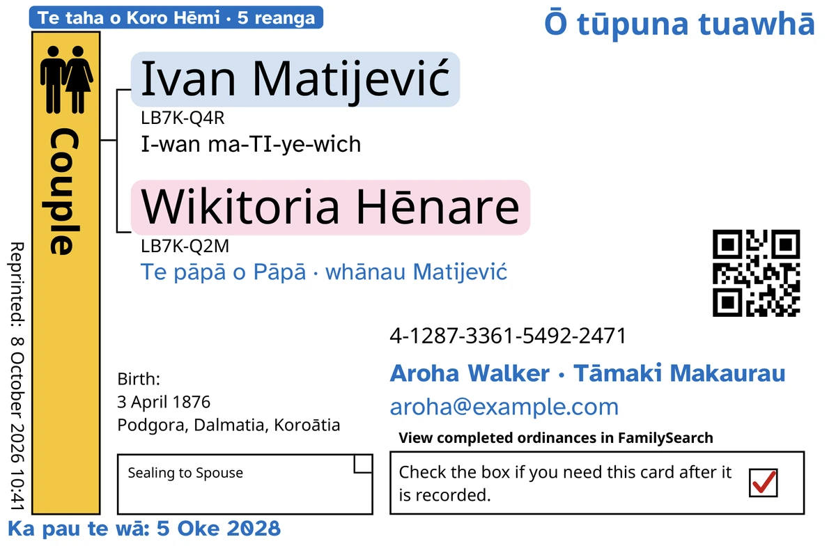 He tauira o mua o te kāri tokorua (hīritanga ki te hoa rangatira), i muri i a TempleKit, mō tētahi tāne me tana wahine waihanga, ko Ivan Matijević rāua ko Wikitoria Hēnare. Kua tāpirihia he kahurangi: te tapanga “Te taha o Koro Hēmi · 5 reanga”, te “Ō tūpuna tuawhā” ki runga matau, te “Te pāpā o Pāpā · whānau Matijević” i raro i ngā ingoa, te rārangi whakapā “Aroha Walker · Tāmaki Makaurau” me te “Ka pau te wā: 5 Oke 2028”. Kua tāpirihia he pango: te whakahua o ia ingoa, ka tīmata ki te “I-wan ma-TI-ye-wich”. Kua whakakīia te pouaka Couple ki te kōura, he tae ngohengohe kei muri i ia ingoa, ā, he tohu whero tō te pouaka whakahoki. Ko ērā atu katoa he tānga ake a FamilySearch.
