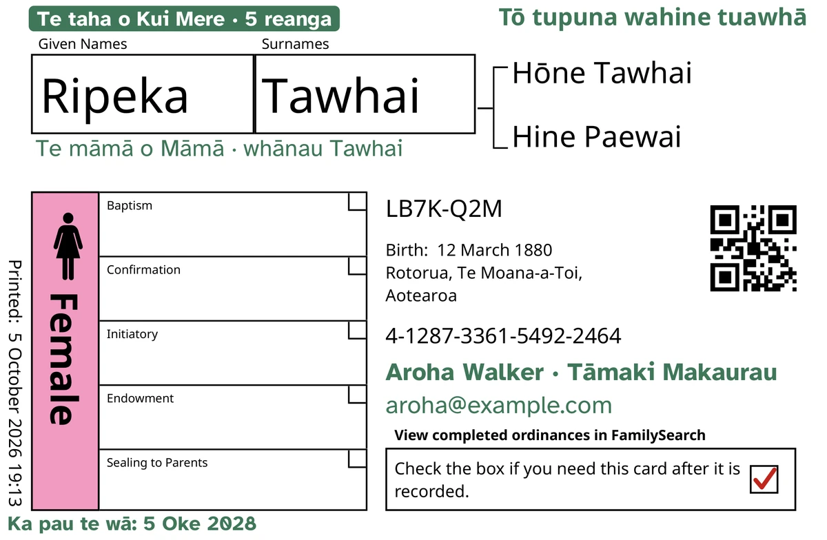 He tauira o mua o te kāri, i muri i a TempleKit, mō tētahi tangata waihanga, ko Ripeka Tawhai. Kua tāpirihia he kākāriki: te tapanga “Te taha o Kui Mere · 5 reanga”, te “Tō tupuna wahine tuawhā” ki runga matau, te “Te māmā o Māmā · whānau Tawhai” i raro i te ingoa, te rārangi whakapā “Aroha Walker · Tāmaki Makaurau” me te “Ka pau te wā: 5 Oke 2028”. Kua whakakīia te pouaka Female ki te māwhero, ā, he tohu whero tō te pouaka whakahoki. Ko ērā atu katoa he tānga ake a FamilySearch.