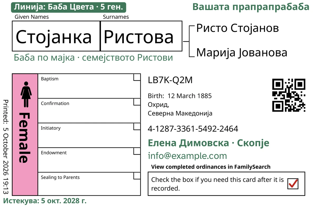 Пример за предна страна на картичка, по TempleKit, за измислено лице, Стојанка Ристова. Додадено со зелено: ознаката „Линија: Баба Цвета · 5 ген.“, „Вашата прапрапрабаба“ горе десно, „Баба по мајка · семејството Ристови“ под името, редот за контакт „Елена Димовска · Скопје“ и „Истекува: 5 окт. 2028 г.“. Полето „Female“ е обоено розово, а полето за враќање има црвено штиклирање. Сè друго е печатењето на самиот FamilySearch.