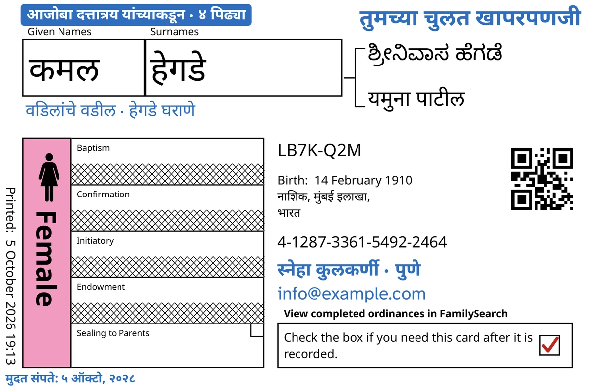 लहानपणीच मृत्यू झालेल्या काल्पनिक मुलीच्या, कमल हेगडे यांच्या कार्डाची TempleKit नंतरची पुढची बाजू, उदाहरणादाखल: फक्त आई-वडिलांशी मुद्रांकन बाकी आहे, आणि FamilySearch ने इतर चार ओळी खोडल्या आहेत. निळ्या रंगात जोडलेले: “आजोबा दत्तात्रय यांच्याकडून · ४ पिढ्या” हा टॅग, वर उजवीकडे “तुमच्या चुलत खापरपणजी”, नावाखाली “वडिलांचे वडील · हेगडे घराणे”, संपर्काची ओळ “स्नेहा कुलकर्णी · पुणे” आणि “मुदत संपते: ५ ऑक्टो, २०२८”. Female चौकट गुलाबी रंगाने भरलेली आहे आणि परत-करा चौकटीत लाल खूण आहे. बाकी सर्व FamilySearch ची स्वतःची छपाई आहे.