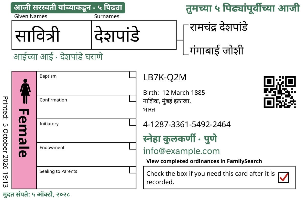 काल्पनिक व्यक्ती सावित्री देशपांडे यांच्या कार्डाची TempleKit नंतरची पुढची बाजू, उदाहरणादाखल. हिरव्या रंगात जोडलेले: “आजी सरस्वती यांच्याकडून · ५ पिढ्या” हा टॅग, वर उजवीकडे “तुमच्या ५ पिढ्यांपूर्वीच्या आजी”, नावाखाली “आईच्या आई · देशपांडे घराणे”, संपर्काची ओळ “स्नेहा कुलकर्णी · पुणे” आणि “मुदत संपते: ५ ऑक्टो, २०२८”. Female चौकट गुलाबी रंगाने भरलेली आहे आणि परत-करा चौकटीत लाल खूण आहे. बाकी सर्व FamilySearch ची स्वतःची छपाई आहे.