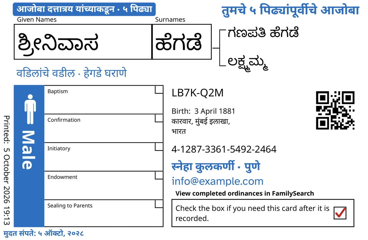 काल्पनिक पुरुष ಶ್ರೀನಿವಾಸ ಹೆಗಡೆ यांच्या कार्डाची TempleKit नंतरची पुढची बाजू, उदाहरणादाखल. निळ्या रंगात जोडलेले: “आजोबा दत्तात्रय यांच्याकडून · ५ पिढ्या” हा टॅग, वर उजवीकडे “तुमचे ५ पिढ्यांपूर्वीचे आजोबा”, नावाखाली “वडिलांचे वडील · हेगडे घराणे”, संपर्काची ओळ “स्नेहा कुलकर्णी · पुणे” आणि “मुदत संपते: ५ ऑक्टो, २०२८”. काळ्या रंगात जोडलेले: नाव कसे म्हणायचे, “श्री-नि-वास हेग-डे”. Male चौकट निळ्या रंगाने भरलेली आहे आणि परत-करा चौकटीत लाल खूण आहे. बाकी सर्व FamilySearch ची स्वतःची छपाई आहे.