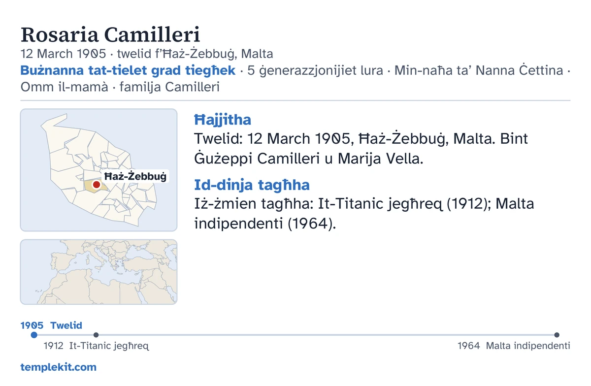 Eżempju tan-naħa ta’ wara tal-karta għall-istess persuna vvintata: isimha, id-data u l-post tat-twelid, “Bużnanna tat-tielet grad tiegħek · 5 ġenerazzjonijiet lura · Min-naħa ta’ Nanna Ċettina · Omm il-mamà · familja Camilleri”, mappa li timmarka Ħaż-Żebbuġ u mappa żgħira tar-reġjun usa’, noti qosra taħt “Ħajjitha” u “Id-dinja tagħha”, kronoloġija mill-1905 sal-1964, u templekit.com.