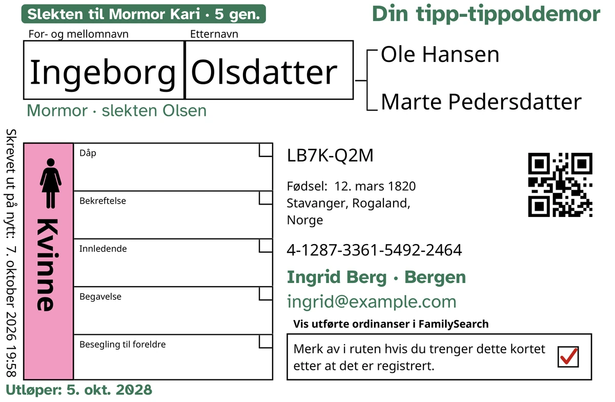 Eksempel på forsiden av et kort etter TempleKit, for en oppdiktet person, Ingeborg Olsdatter. Lagt til i grønt: merket «Slekten til Mormor Kari · 5 gen.», «Din tipp-tippoldemor» øverst til høyre, «Mormor · slekten Olsen» under navnet, kontaktlinjen «Ingrid Berg · Bergen» og «Utløper: 5. okt. 2028». Feltet Kvinne er farget rosa, og returfeltet har et rødt kryss. Alt annet er FamilySearchs egen utskrift.