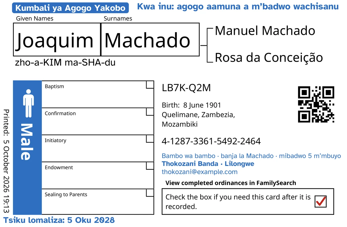 Kutsogolo kwa khadi lachitsanzo, litadutsa mu TempleKit, la mwamuna wongopeka, Joaquim Machado. Zowonjezedwa m’mtundu wabuluu: chizindikiro “Kumbali ya Agogo Yakobo · mibadwo 5”, “Kwa inu: agogo aamuna a m’badwo wachisanu” pamwamba kumanja, “Bambo wa bambo · banja la Machado” pansi pa dzina, mzere wolumikizirana “Thokozani Banda · Lilongwe” ndi “Tsiku lomaliza: 5 Oku 2028”. Zowonjezedwa m’mtundu wakuda: mmene mungatchulire dzinali, “zho-a-KIM ma-SHA-du”. Bokosi la Male ladzazidwa ndi buluu ndipo bokosi lobweza lili ndi chizindikiro chofiira. Zina zonse n’zosindikizidwa ndi FamilySearch yokha.
