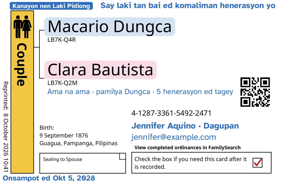 Alimbawa ed arap na kard na agasawa (panamaelet ed asawa), kayari na TempleKit, parad sakey ya agasawa ya aliwan tua (alimbawa labat), si Macario Dungca tan si Clara Bautista. Niarum ya asul: say tag a “Kanayon nen Laki Pidiong · 5 henerasyon”, say “Say laki tan bai ed komaliman henerasyon yo” ed tagey a kawanan, say “Ama na ama · pamilya Dungca” ed abeba na saray ngaran, say linya na kontak a “Jennifer Aquino · Dagupan”, tan say “Onsampot ed Okt 5, 2028”. Say kahon na Couple et napno na balitok, balang ngaran et walay mareen a kolor ed beneg to, tan say kahon na panangipawil et walay ambalangan a check. Amin ya arum et dilin impan-print na FamilySearch.