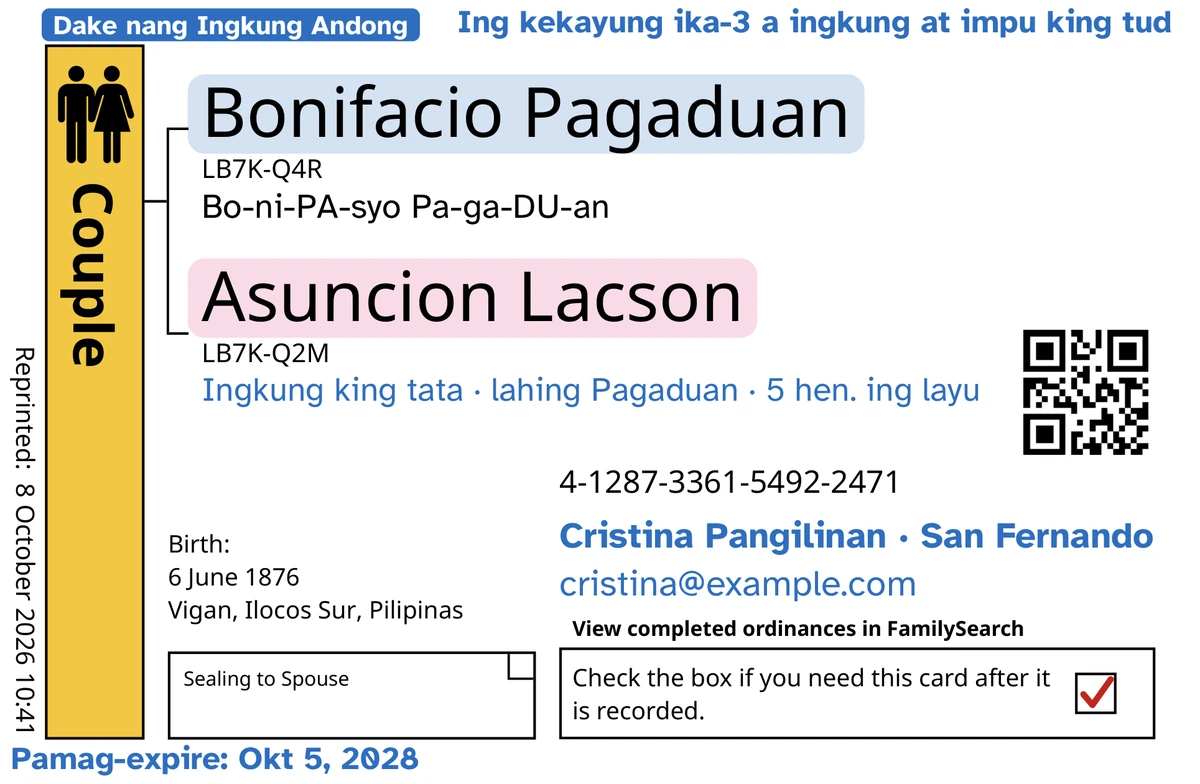 Alimbawa ning arap ning card ning mag-asawa (sealing king asawa), kaibat ning TempleKit, para king metung a asawang lalaki at asawang babai a gawa-gawa mu, i Bonifacio Pagaduan at i Asuncion Lacson. Midagdag king asul: ing tag “Dake nang Ingkung Andong · 5 hen.”, ing “Ing kekayung ika-3 a ingkung at impu king tud” king babo a wanan, ing “Ingkung king tata · lahing Pagaduan” king lalam da ring lagiu, ing linya ning kontak “Cristina Pangilinan · San Fernando” at ing “Pamag-expire: Okt 5, 2028”. Midagdag king matuling: nung makananu yu ibalikas ing balang lagiu, mumpisa king “Bo-ni-PA-syo Pa-ga-DU-an”. Ing kahon ning Couple makakule yang gintu, ing balang lagiu atin malambut a kule king likud na, at ing kahon ning pamagbalik atin yang malutung check. Ing eganagana pang aliwa, sariling pamag-print ning FamilySearch.