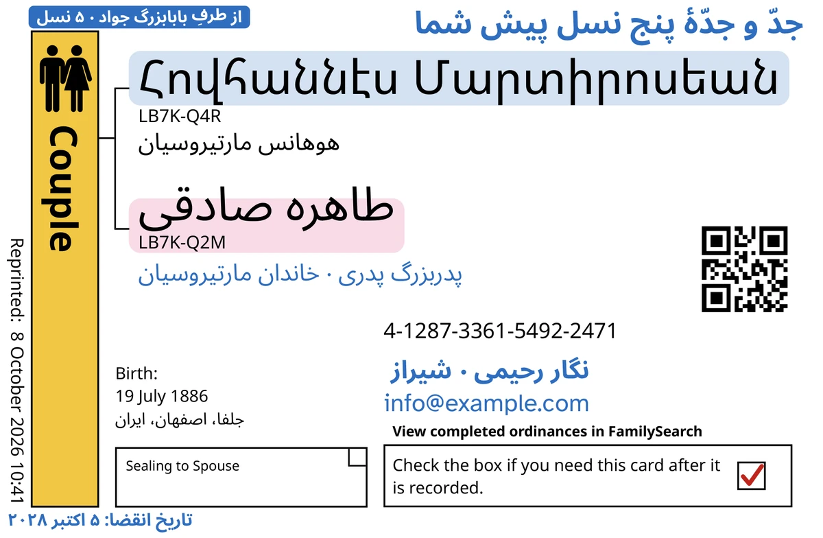 نمونهٔ روی کارت زوج (مهر و موم شدن به همسر)، پس از TempleKit، برای زن و شوهری ساختگی به نام‌های Հովհաննէս Մարտիրոսեան و طاهره صادقی. آنچه به رنگ آبی اضافه شده: برچسب «از طرفِ بابابزرگ جواد · ۵ نسل»، «جدّ و جدّهٔ پنج نسل پیش شما» در بالا سمت راست، «پدربزرگ پدری · خاندان مارتیروسیان» زیر نام‌ها، سطر تماس «نگار رحیمی · شیراز» و «تاریخ انقضا: ۵ اکتبر ۲۰۲۸». آنچه به رنگ سیاه اضافه شده: تلفظ هر نام، که با «هوهانس مارتیروسیان» آغاز می‌شود. خانهٔ «Couple» طلایی شده است، پشت هر نام رنگی ملایم هست و خانهٔ بازگشت تیک قرمز دارد. همهٔ بقیه، چاپِ خودِ FamilySearch است.