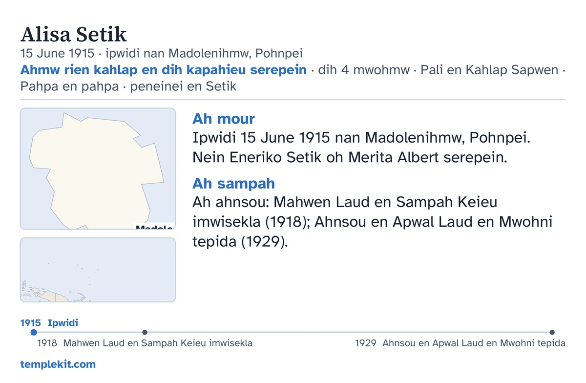 Pali likin kahd karasepe ong serepein ehuteo: ede, rahn oh wasa en ah ipwidi, “Ahmw rien kahlap en dih kapahieu serepein · dih 4 mwohmw · Pali en Kahlap Sapwen · Pahpa en pahpa · peneinei en Setik”, mahp ehu me kilelehdi Madolenihmw oh kisin mahp ehu en wasa laudo, kisin ntingdi pahn “Ah mour” oh “Ah sampah”, lisoan en wiewia kan sang 1915 lel 1929, oh templekit.com.